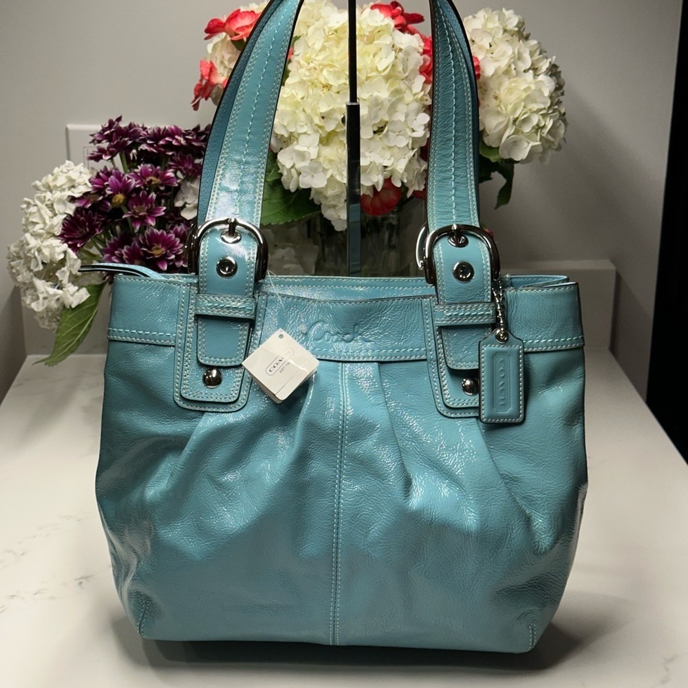 Coach Mineral Soho Pleat Patent Shoulder Tote Bag + COA +Coach Dust Bag NWT!